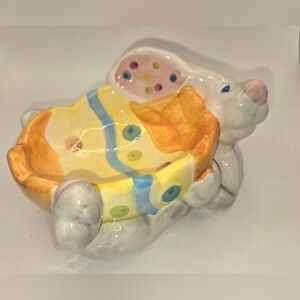 Colorful Easter Bunny White Rabbit Ceramic Soap Trinket Dish Tray Easter Egg